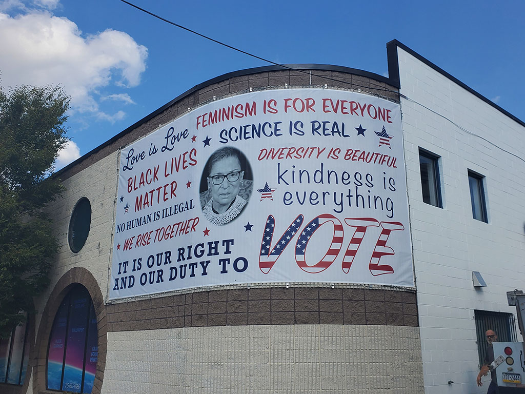 Justice Ruth Bader Ginsburg banner on a building