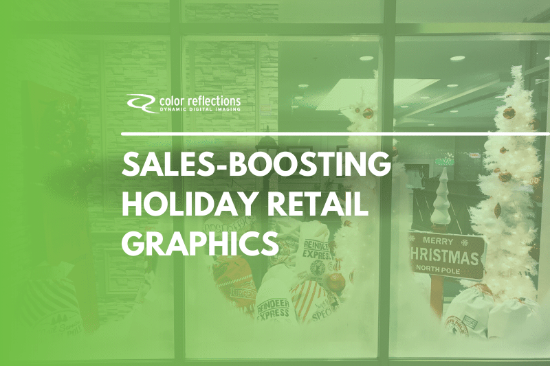 Retail graphics displays in a storefront window.