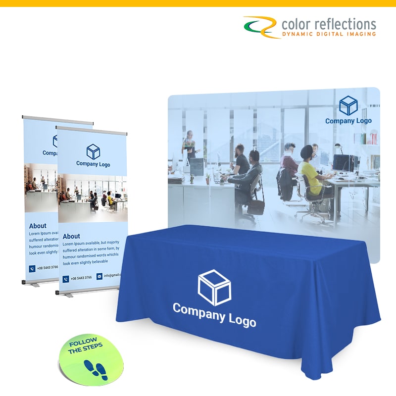 1 x 8' custom table cover, 2 x 30" retractable banners, 1 x printed floor graphics, 1 x 10x10' pillow case fabric back drop with hardware. - Starting at $1,495