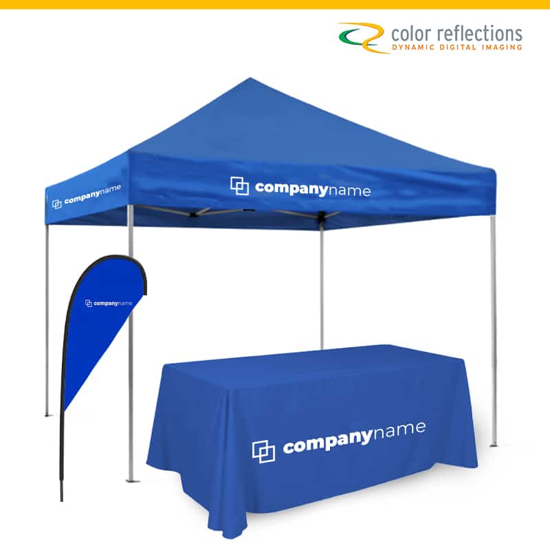 1 x 10x10' economy custom printed pop-up tent, 1 x 6' flag, 1 x 6' custom printed table cover. - Starting at $810