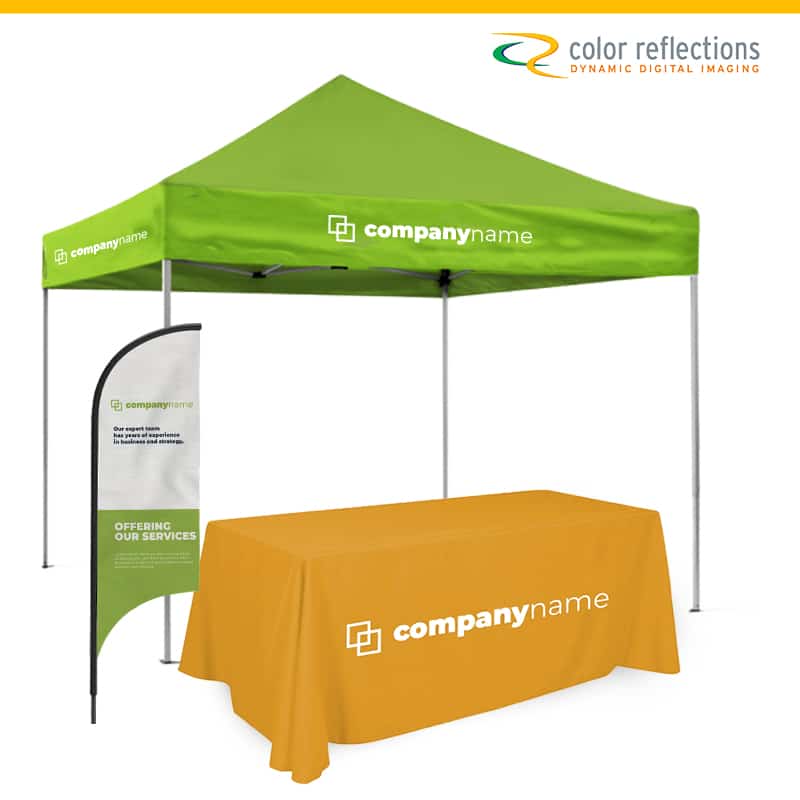 1 x 10x10' deluxe custom printed pop-up tent, 1 x 8' flag, 1 x 8' custom printed table cover. - Starting at $1,100