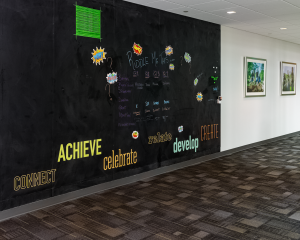 Chalkboard walls inspire creative brainstorming in offices.